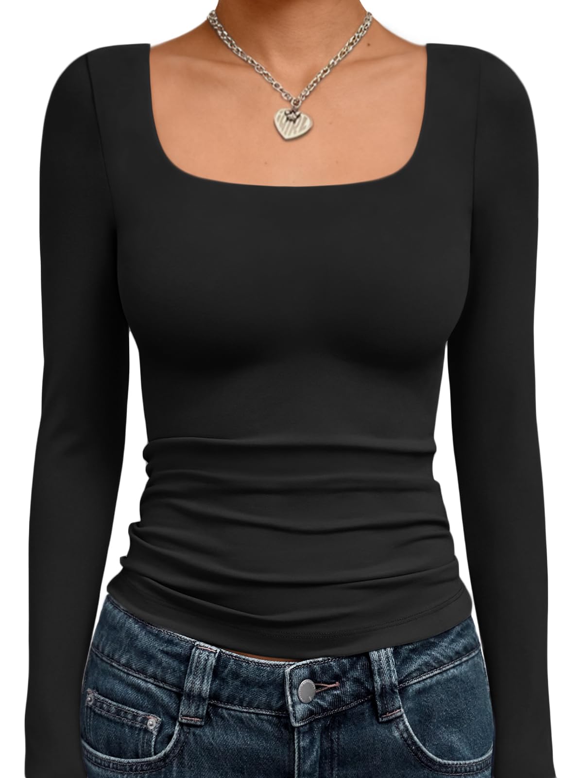 Trendy Queen Womens Square Neck Long Sleeve Shirts Double Lined Fall Tops Jansha Store