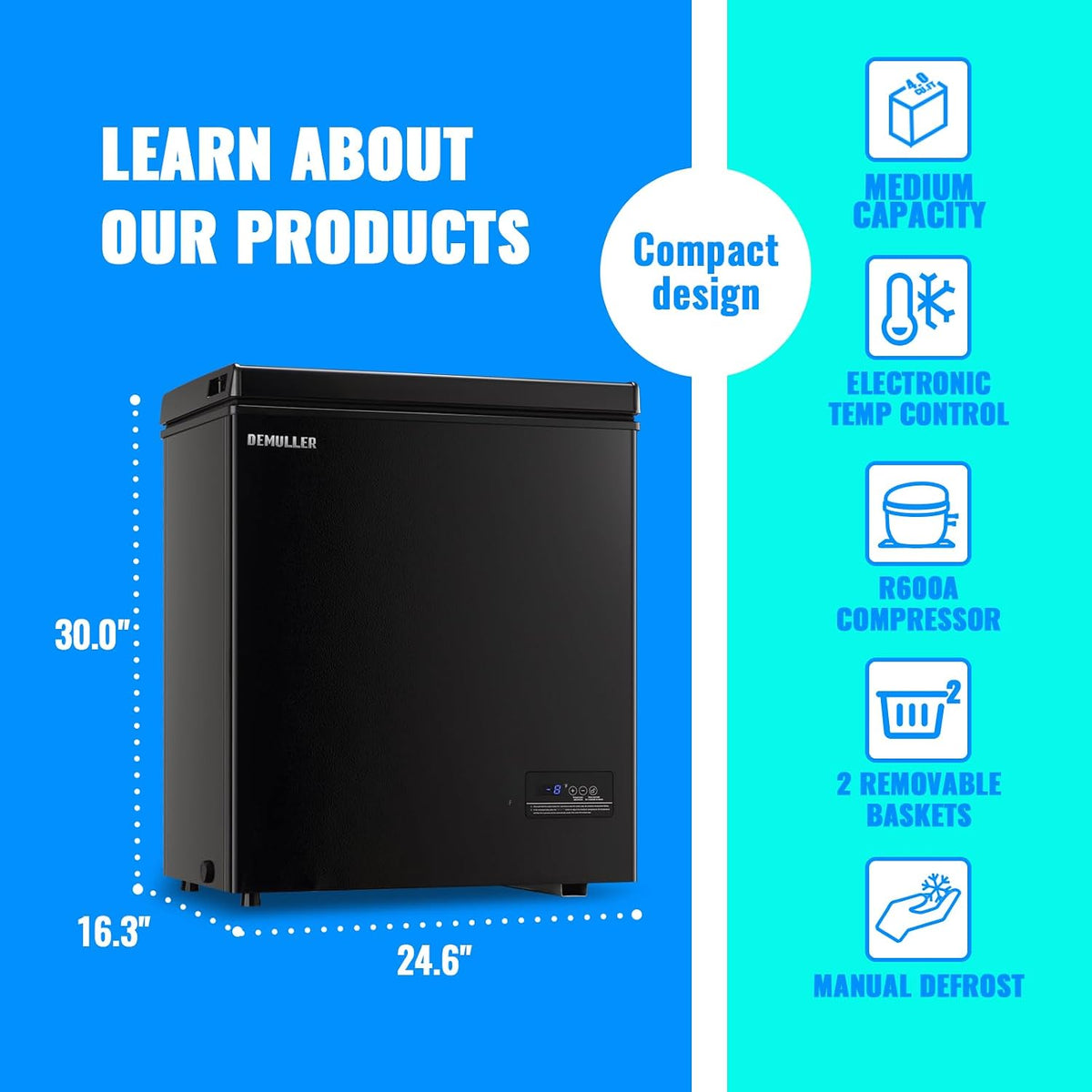 DEMULLER Chest Freezer 4.0 CU. FT Ultra-low Temperature Deep Freezers (Down to -12 ℉) with TWO Removable Baskets Accurate Display of Cabinet Temp Freestanding Black Jansha Store