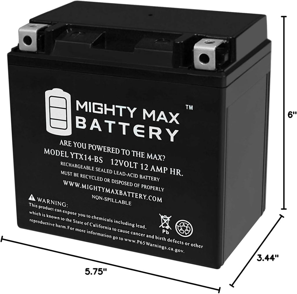 Mighty Max Battery YTX14-BS - 12 Volt 12 AH, 200 CCA, Rechargeable Maintenance Free SLA AGM Motorcycle Battery Jansha Store