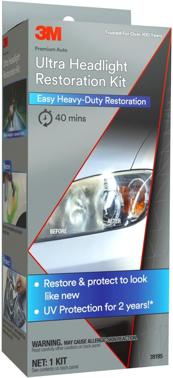 3M Ultra Headlight Restoration Kit, Contains Masking Tape, Light Sanding Discs, Wax Protectant and More, Use on Plastic Lenses Headlights, Taillights and More, Easy Heavy-Duty Restoration (39195) Jansha Store