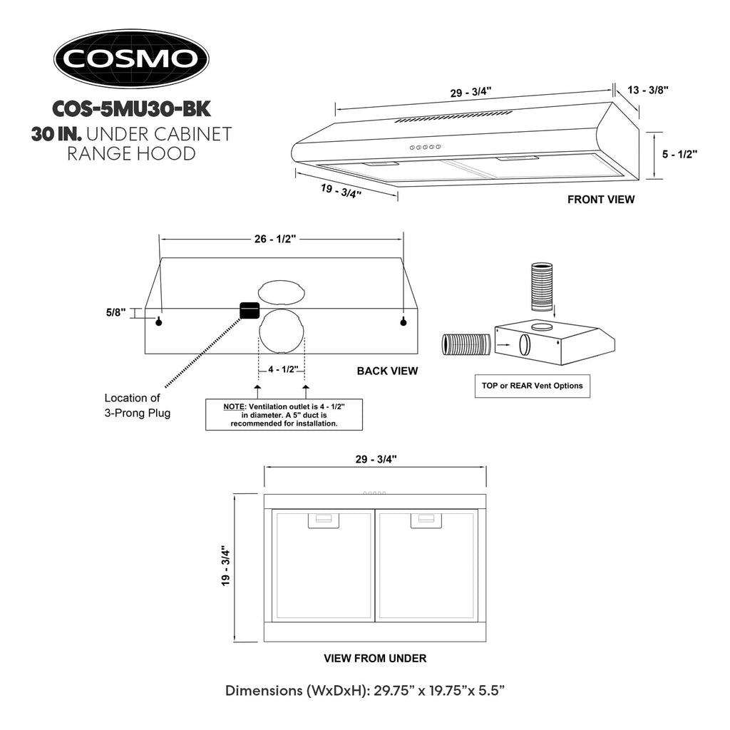 COSMO COS-5MU30 30 in. Delta Collection Ducted Under Cabinet Range Hood, Button Controls, Reusable Filters, LED Lights, Stainless Steel Jansha Store