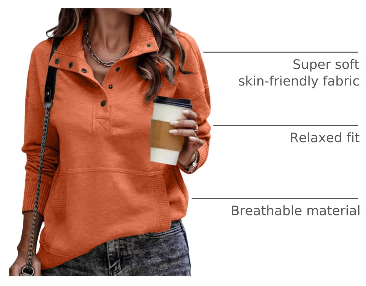 SHEWIN Women's Casual Long Sleeve Stand Neck Sweatshirt Lightweight Button Drawstring Pullover Tops Jansha Store