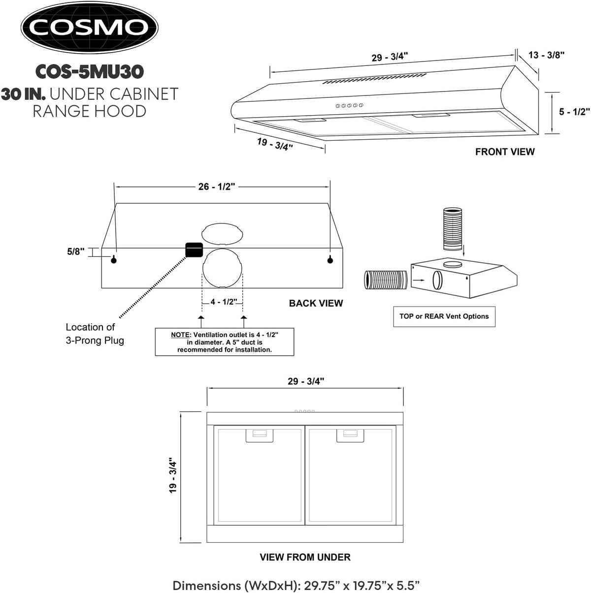 COSMO COS-5MU30 30 in. Delta Collection Ducted Under Cabinet Range Hood, Button Controls, Reusable Filters, LED Lights, Stainless Steel Jansha Store