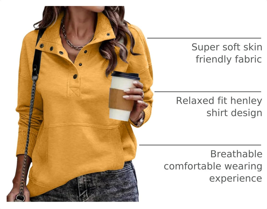SHEWIN Women's Casual Long Sleeve Stand Neck Sweatshirt Lightweight Button Drawstring Pullover Tops Jansha Store