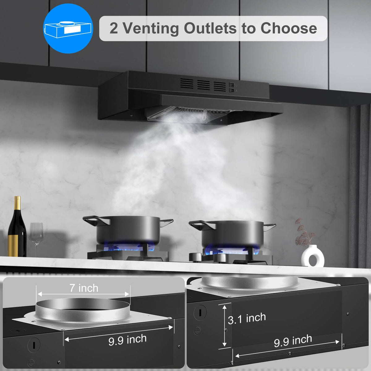 SNDOAS Black Range Hood 36 inch,Ductless Under Cabinet Range Hood Included Carbon Sponge Filter,Ducted Optional,Kitchen Hood 36 inch with 2 Vents,2 Speeds,Hard Wired Stove Vent Jansha Store