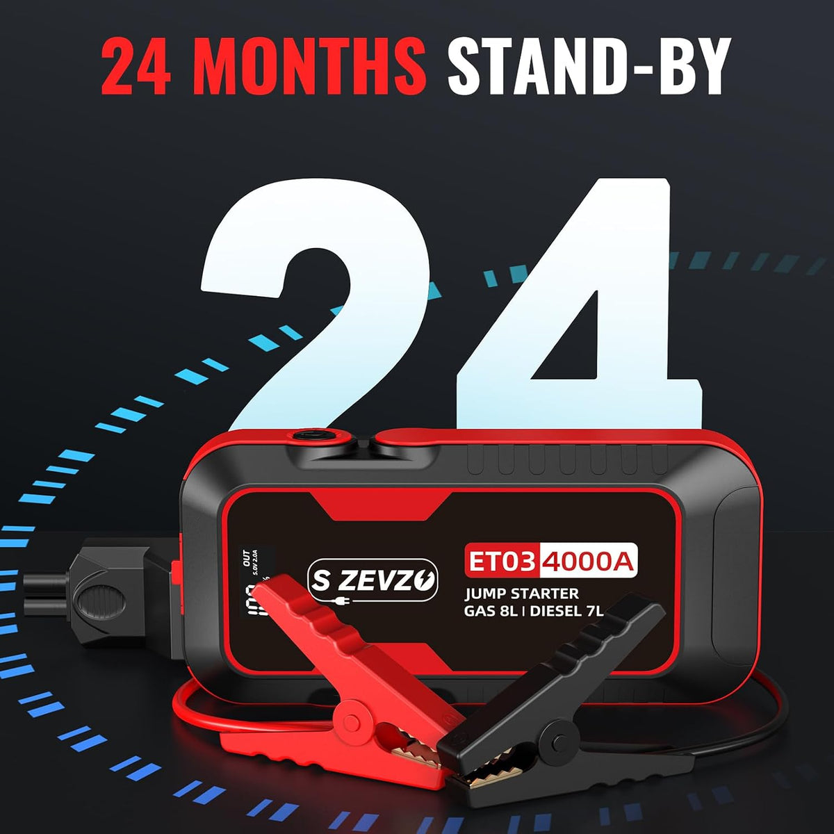 S ZEVZO ET03 Car Jump Starter 4000A Jump Starter Battery Pack for Up to 8.0L Gas and 7.0L Diesel Engines, 74Wh Portable 12V Jump Box with USB Ports, LCD Display, Storage Case, and LED Light Jansha Store