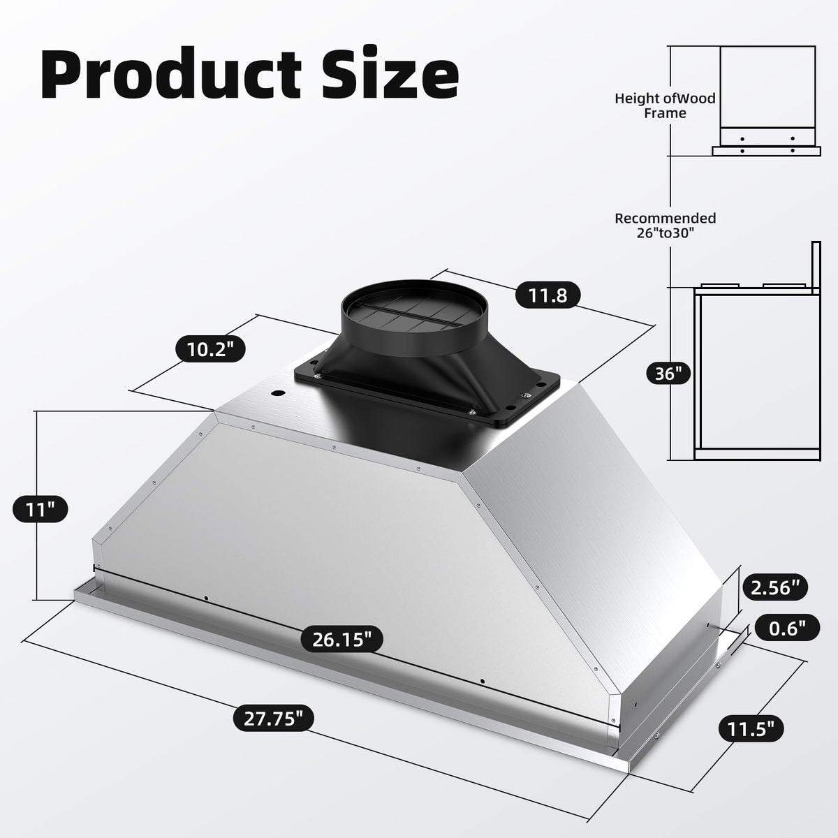 Range Hood Insert 30 inch,Stainless Steel Kitchen Vent Hood 600CFM,Built-in Kitchen Stove Hood w/Front Button Controls and Front LED Lights,Baffle Filters,Ducted/ductless Convertible Duct Jansha Store