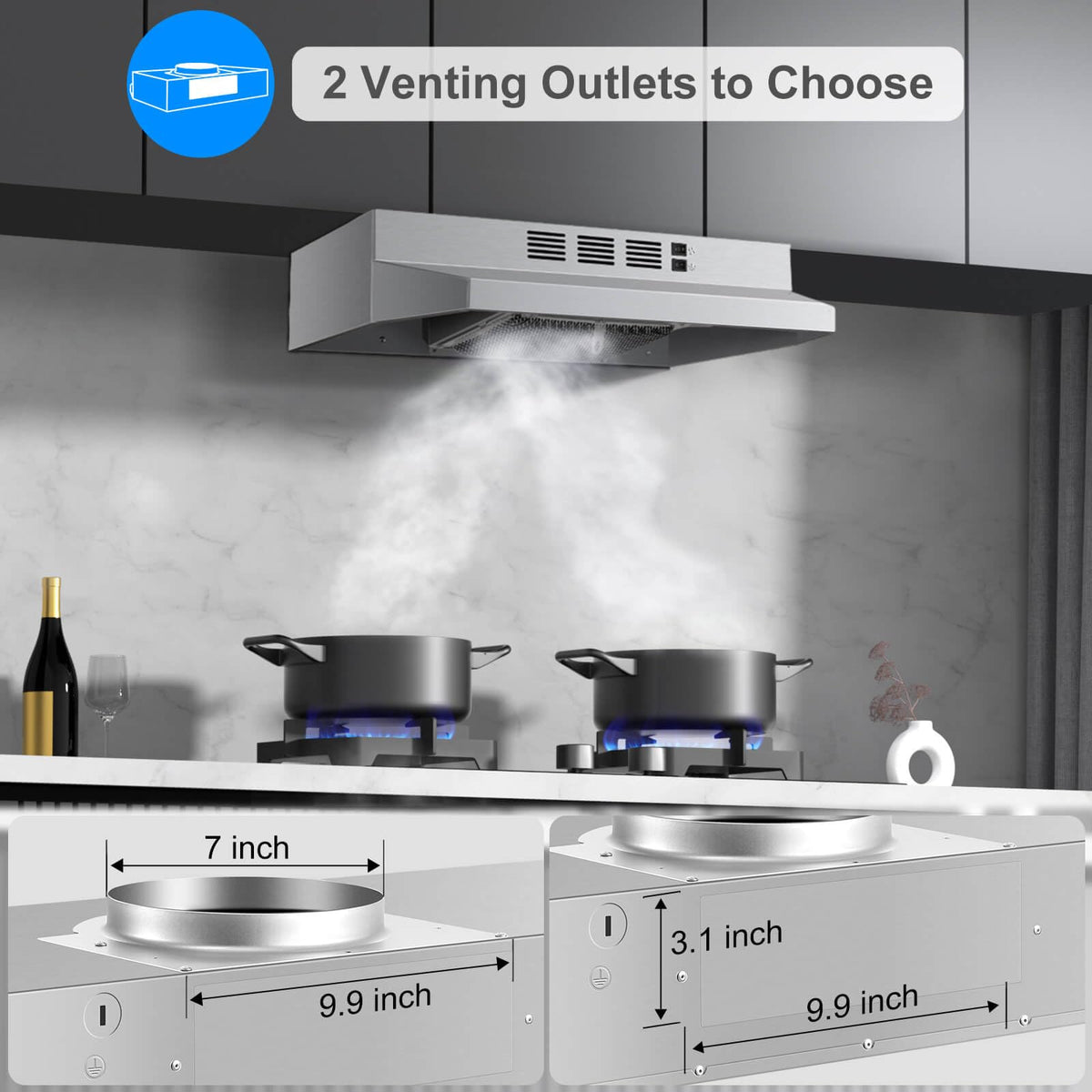 SNDOAS Black Range Hood 36 inch,Ductless Under Cabinet Range Hood Included Carbon Sponge Filter,Ducted Optional,Kitchen Hood 36 inch with 2 Vents,2 Speeds,Hard Wired Stove Vent Jansha Store