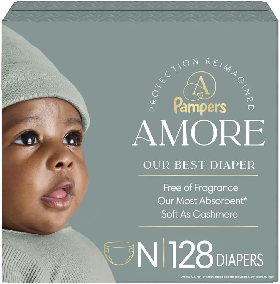 Pampers Amore, Size 0 (up to 10 lbs), 128 Count, Our Best Diaper – Hypoallergenic & Fragrance Free, Up to 100% Leakproof, Soft as Cashmere Jansha Store