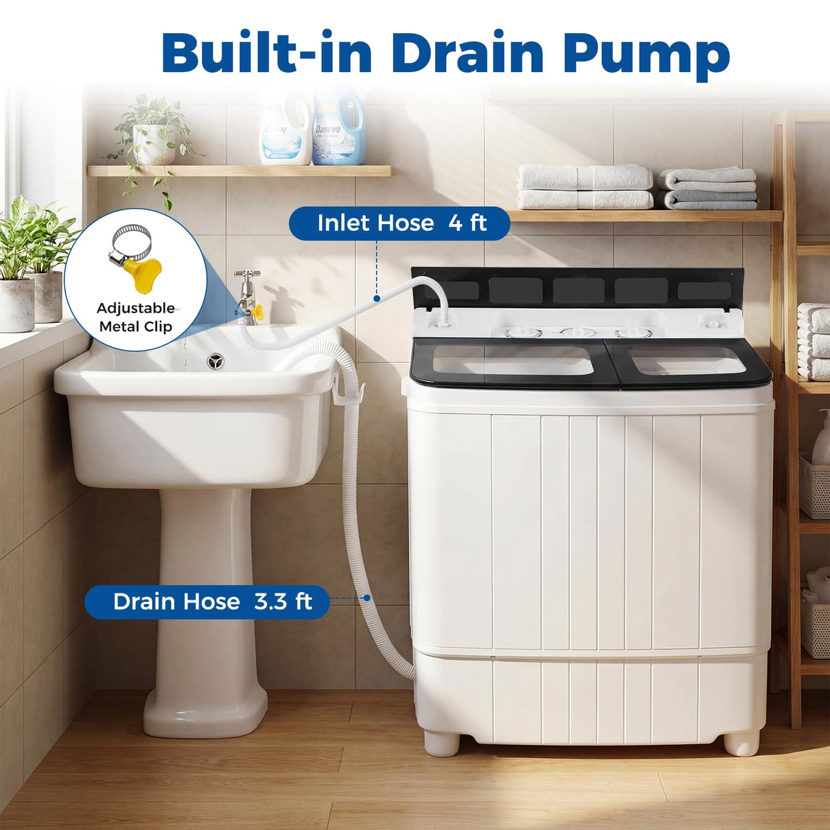 COSTWAY 26Lbs Portable Washing Machine with Built-in Drain Pump, Blue Jansha Store
