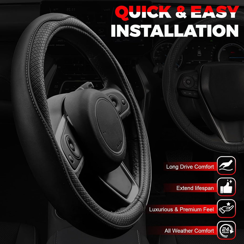 Ouzorp Car Steering Wheel Cover, Microfiber Leather Steering Wheel Covers with Anti-Slip Lining, Universal 14.5-15 inchs Black Jansha Store