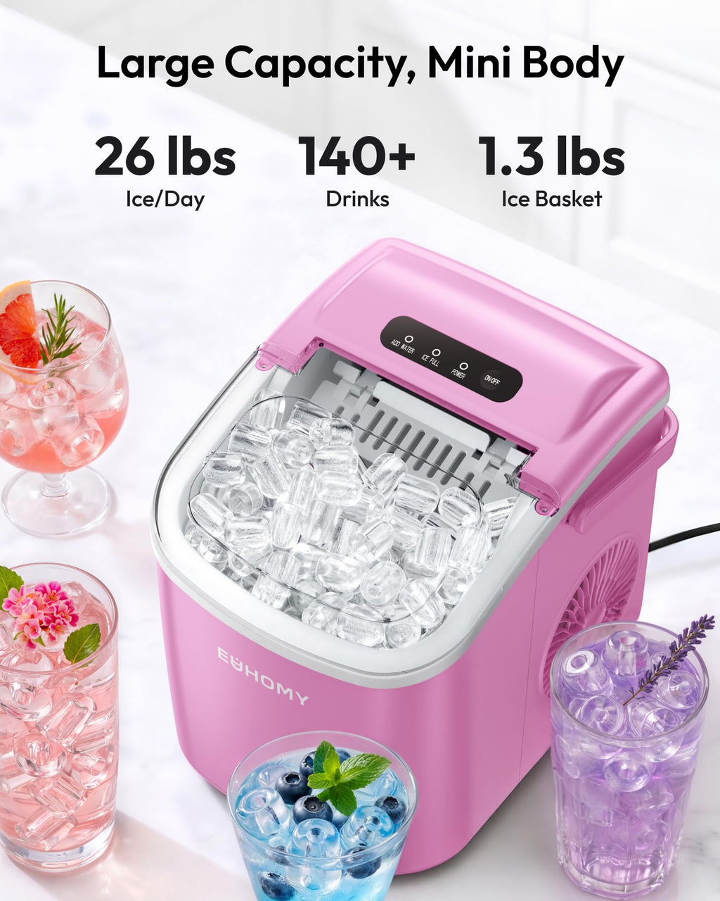 EUHOMY Countertop Ice Maker Machine with Handle, 26lbs in 24Hrs, 9 Ice Cubes Ready in 6 Mins, Auto-Cleaning Portable Ice Maker with Basket and Scoop, for Home/Kitchen/Camping/RV. (Black) Jansha Store