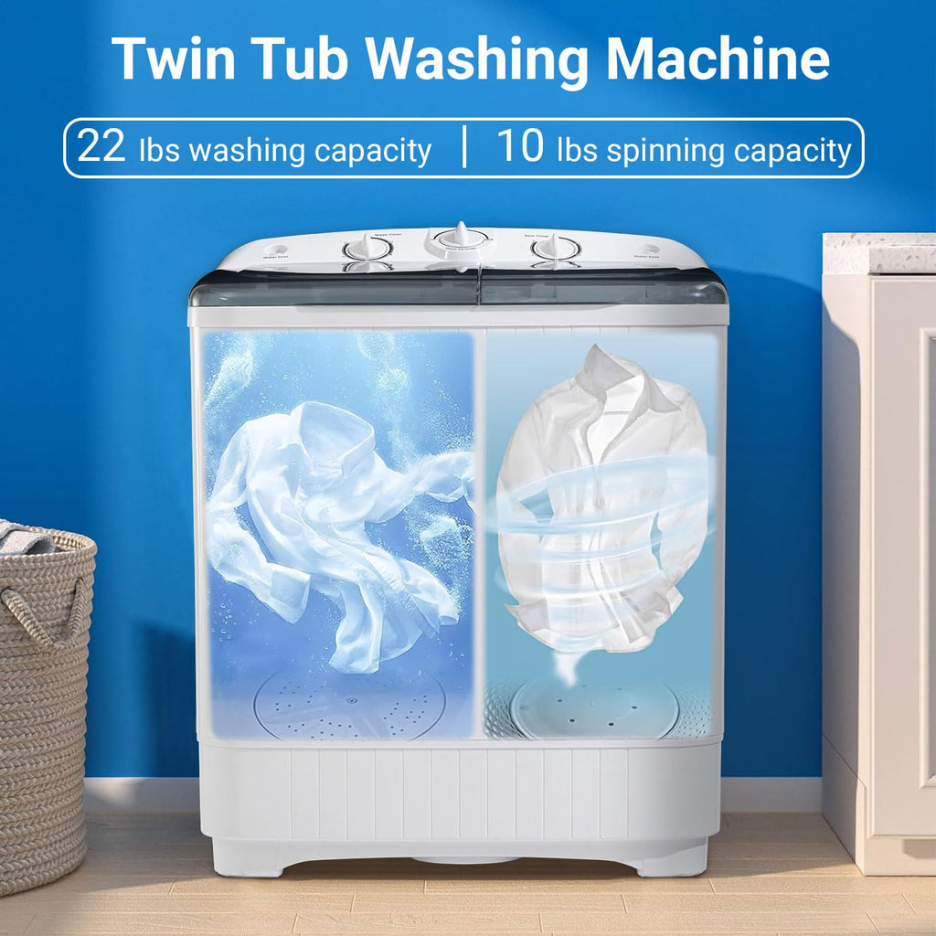 Erivess Portable Twin Tub 19lbs Washing Machine with Drying Rack and 10 Hangers, 12lbs Washer Mini Compact Laundry Machine with 7lbs Spinner, 1500rpm Semi-automatic Washer Combo for Dorm&Apartment Jansha Store