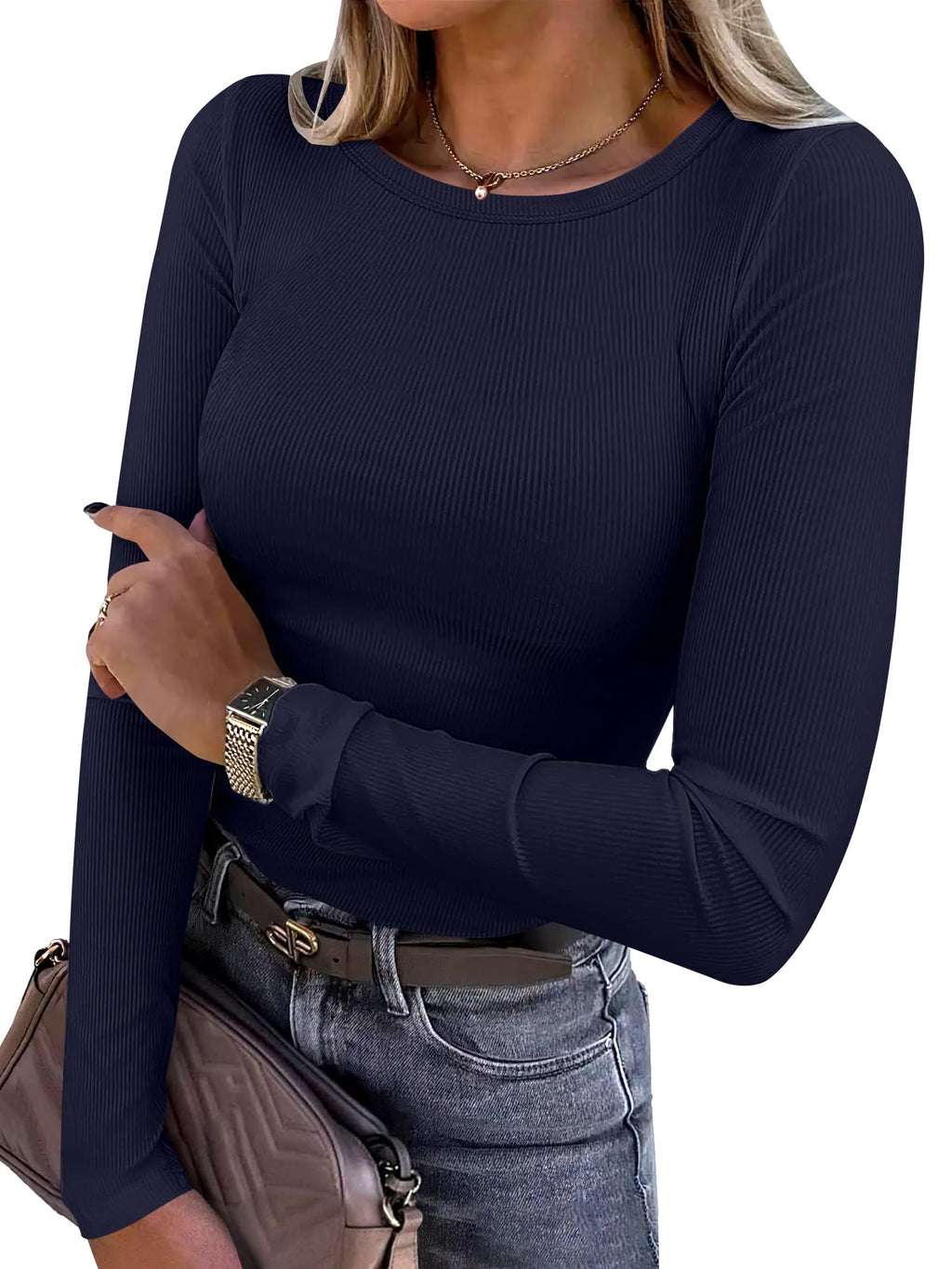 ANRABESS Women Long Sleeve Shirts Ribbed Fitted Tops Jansha Store