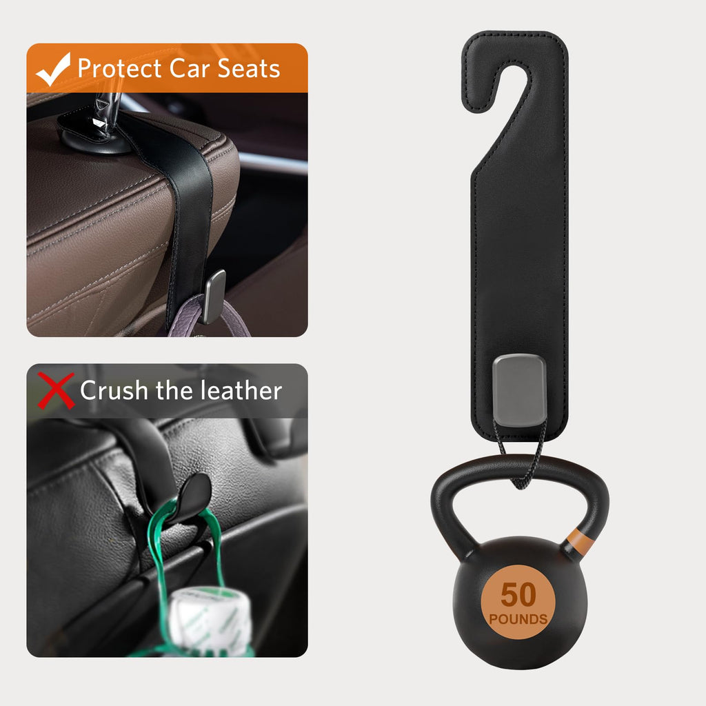 CoBak Purse Hook for Car - Universal Premium Stitched Leather and Aluminum-Magnesium Alloy Double Car Seat Back Storage Hook for Purses, Handbags, Bags (2 Pack),Black Jansha Store