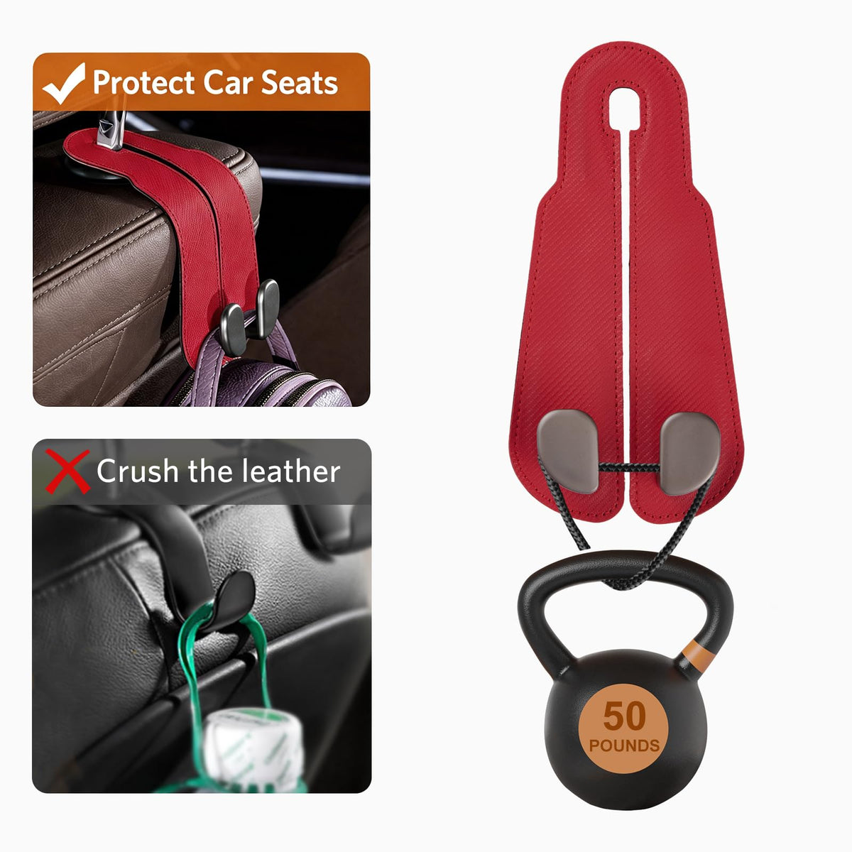 CoBak Purse Hook for Car - Universal Premium Stitched Leather and Aluminum-Magnesium Alloy Double Car Seat Back Storage Hook for Purses, Handbags, Bags (2 Pack),Black Jansha Store