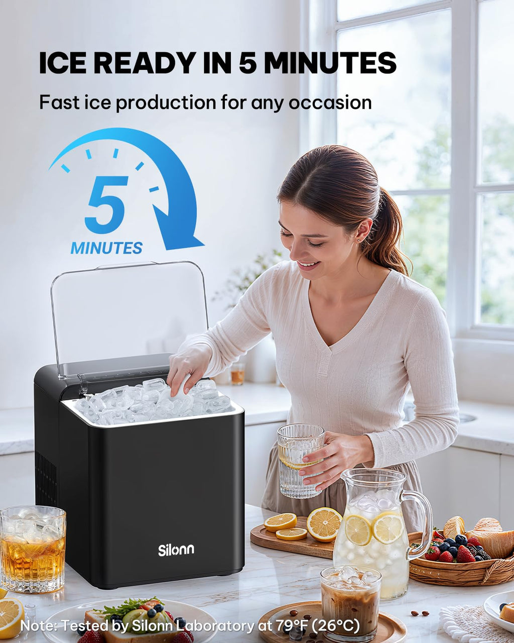 Silonn Ice Maker Countertop, Portable Ice Machine with Carry Handle, Self-Cleaning Ice Makers with Basket and Scoop, 9 Cubes in 6 Mins, 26 lbs per Day, Ideal for Home, Kitchen, Camping, RV Jansha Store
