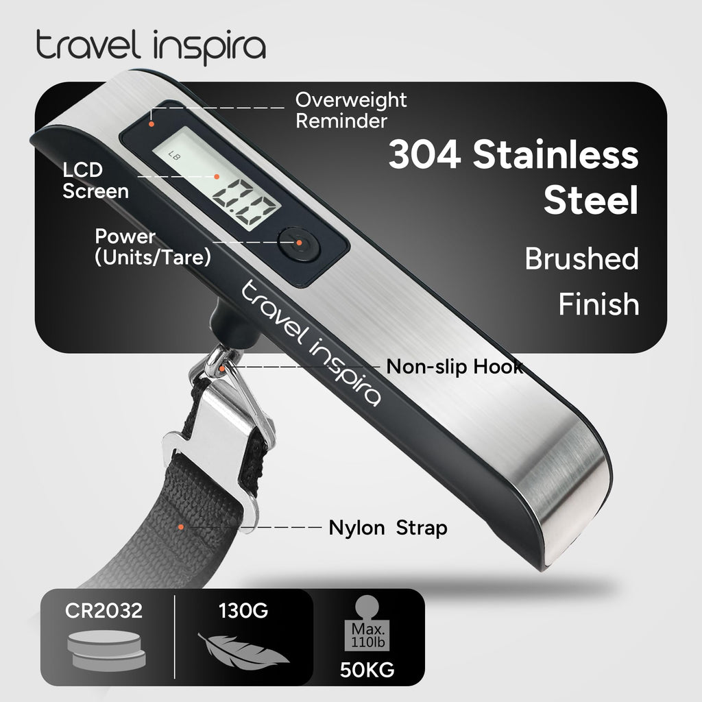 travel inspira Digital Luggage Scale – Portable Hanging Suitcase Weight Scale for Travel, 110 lb Capacity, Backlit LCD Display, Prevents Airport Overweight Fees, Battery Included Jansha Store