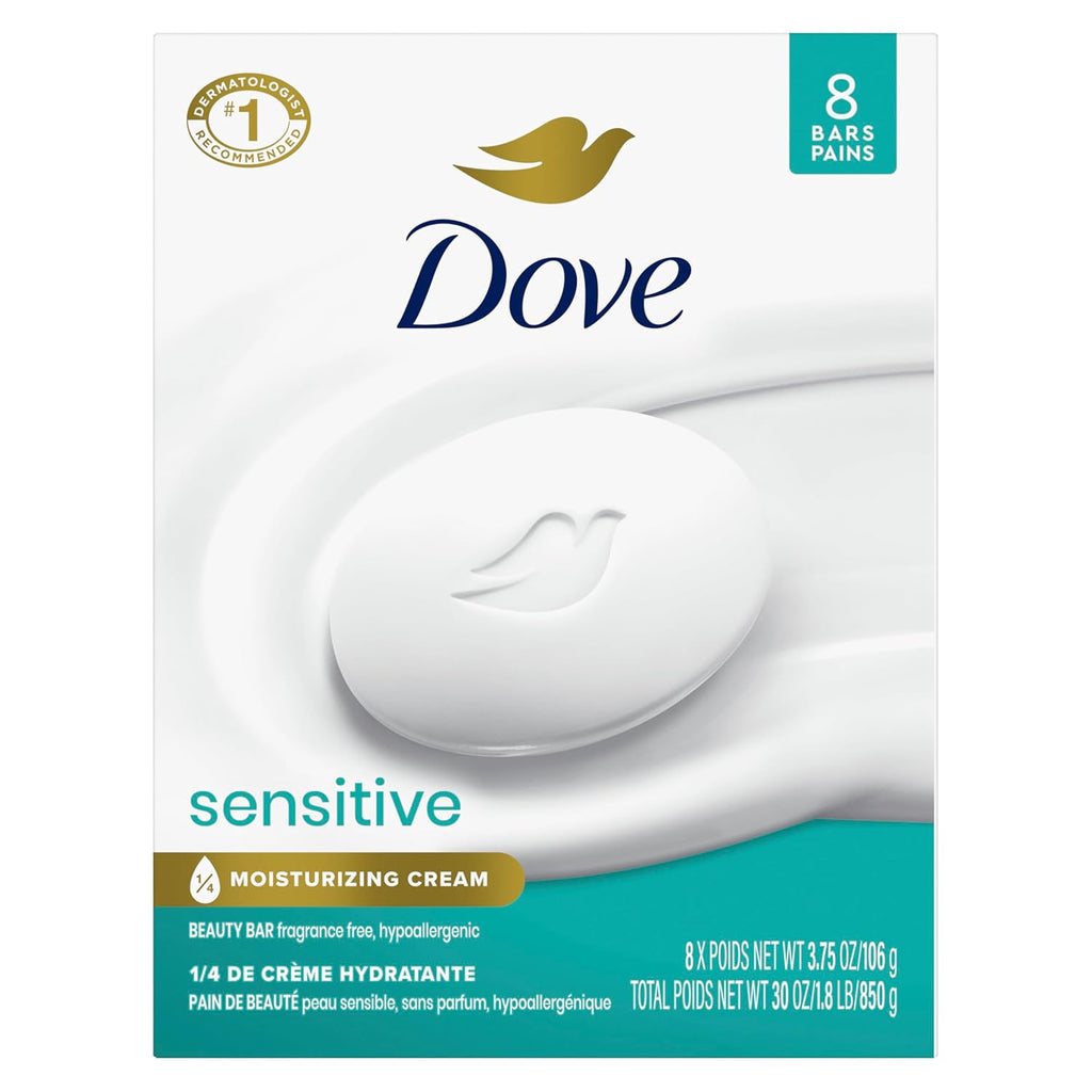 Dove Beauty Bar Soap Sensitive, 8 Bars for Sensitive Skin, Fragrance Free and Hypoallergenic 3.75 oz Jansha Store