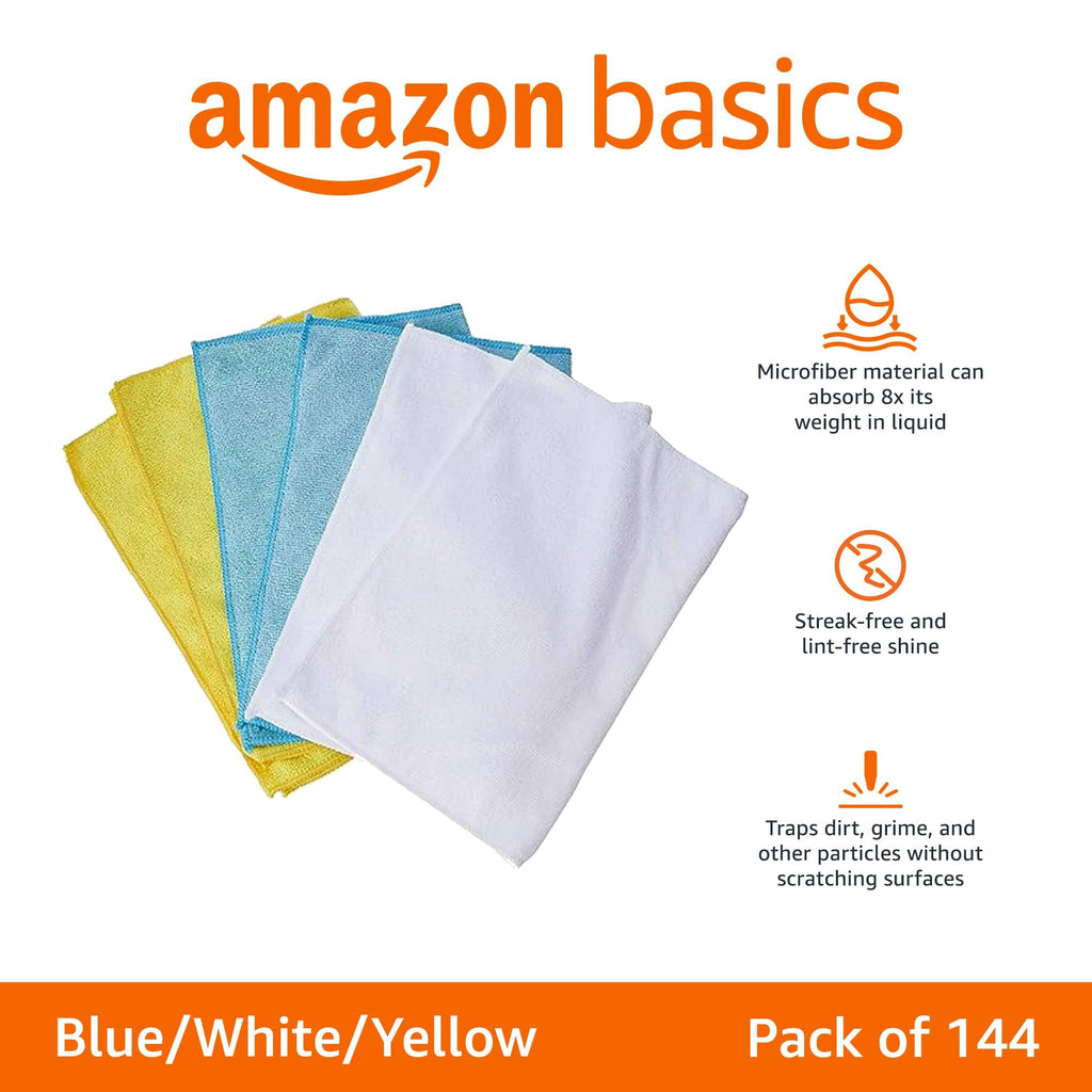 Amazon Basics Microfiber Cleaning Cloths, Ultra Absorbent, Lint Free, Streak Free, Non-Abrasive, Reusable and Washable, 16" x 12", Blue/White/Yellow, Pack of 24 Jansha Store