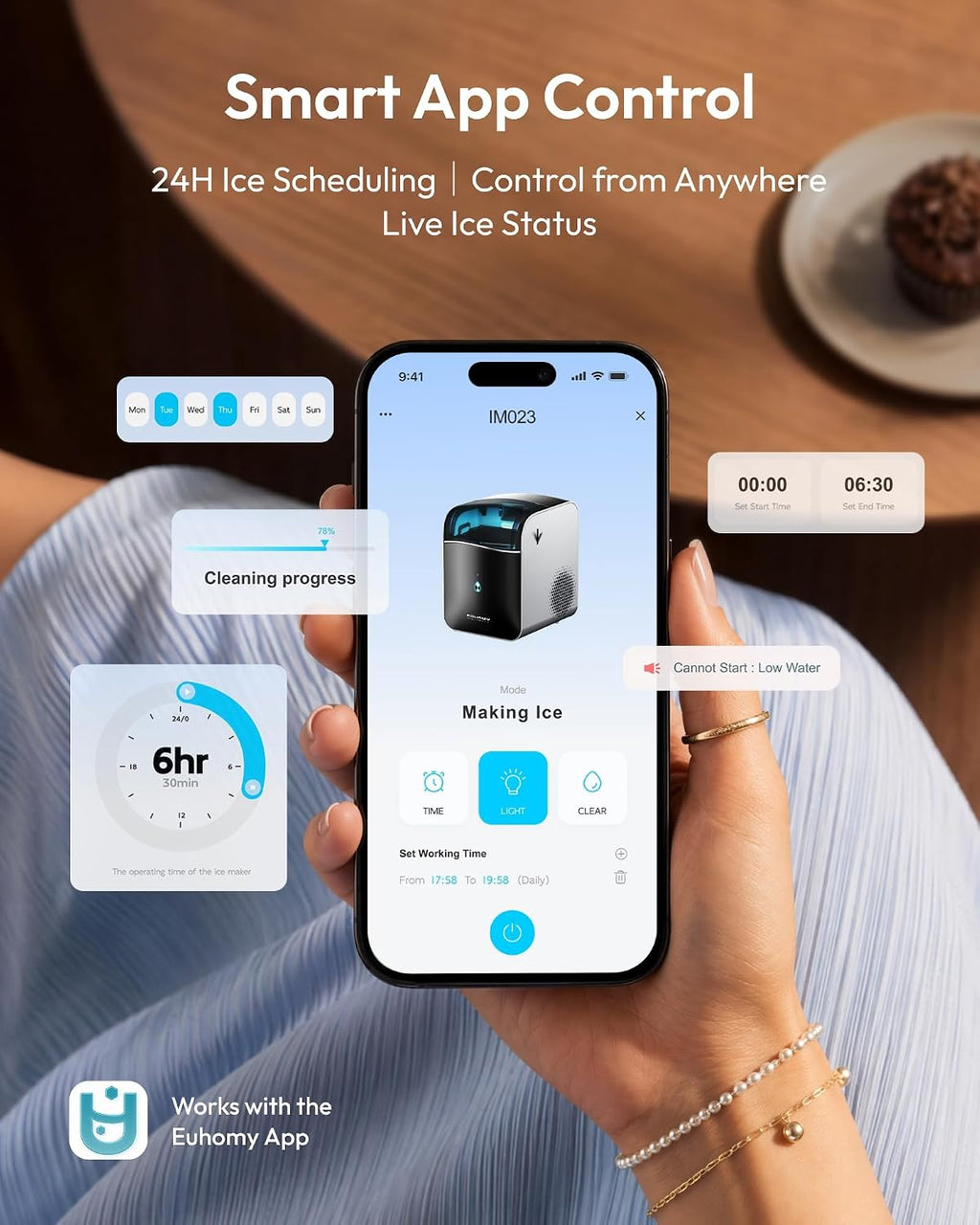 EUHOMY Smart Nugget Ice Maker Countertop, 42lbs/24H, Ready in 7 Mins, Portable Sonic Ice Maker with APP/Alexa Control, Self-Cleaning, Pebble Ice Makers with Hanging Ice Scoop for Home/Office Jansha Store