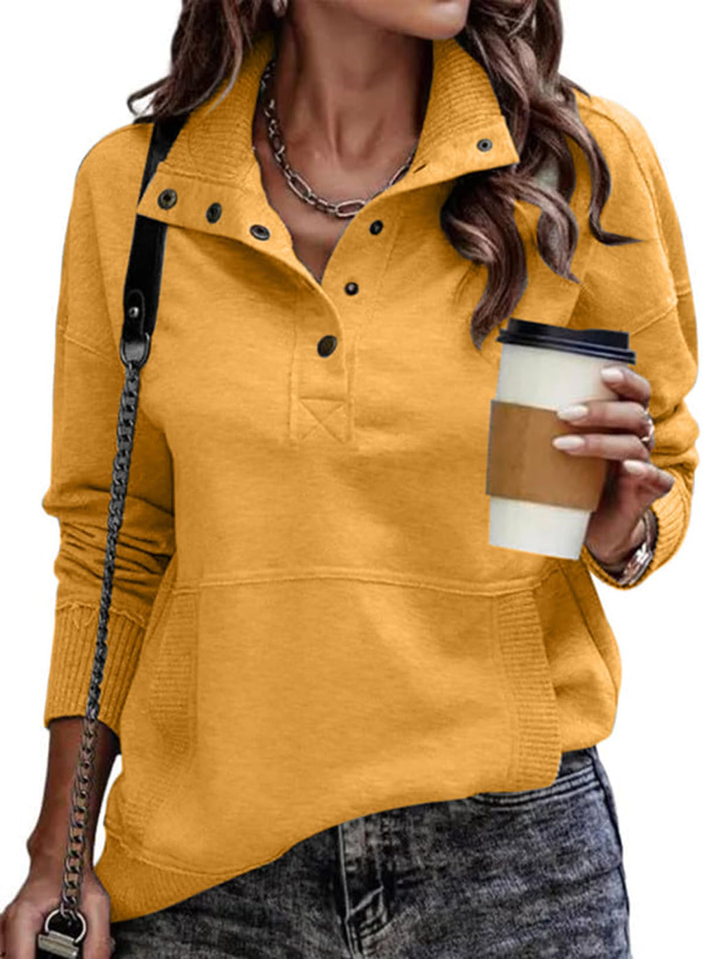 SHEWIN Women's Casual Long Sleeve Stand Neck Sweatshirt Lightweight Button Drawstring Pullover Tops Jansha Store