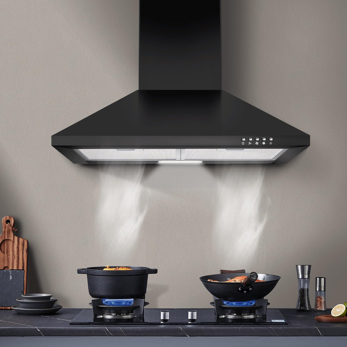 SNDOAS Black Range Hood,Wall Mount Range Hood 30 inch,Stainless Steel Kitchen Hood with Ducted/Ductless Convertible,Stove Vent Hood,Aluminum Filters,3 Speed Exhaust Fan,LED Light,Button Control Jansha Store