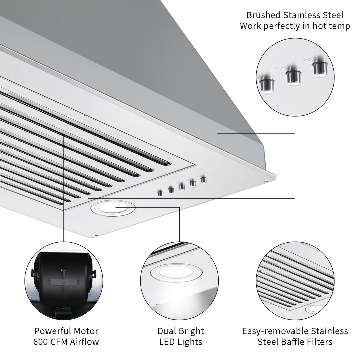 Range Hood Insert 30 inch,Stainless Steel Kitchen Vent Hood 600CFM,Built-in Kitchen Stove Hood w/Front Button Controls and Front LED Lights,Baffle Filters,Ducted/ductless Convertible Duct Jansha Store