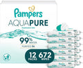 Pampers Aqua Pure Baby Wipes, Unscented, Fragrance Free, 99% Water, Water Based, Multi-Use, 672 Wipes Total (12X Flip-Top Packs) Jansha Store