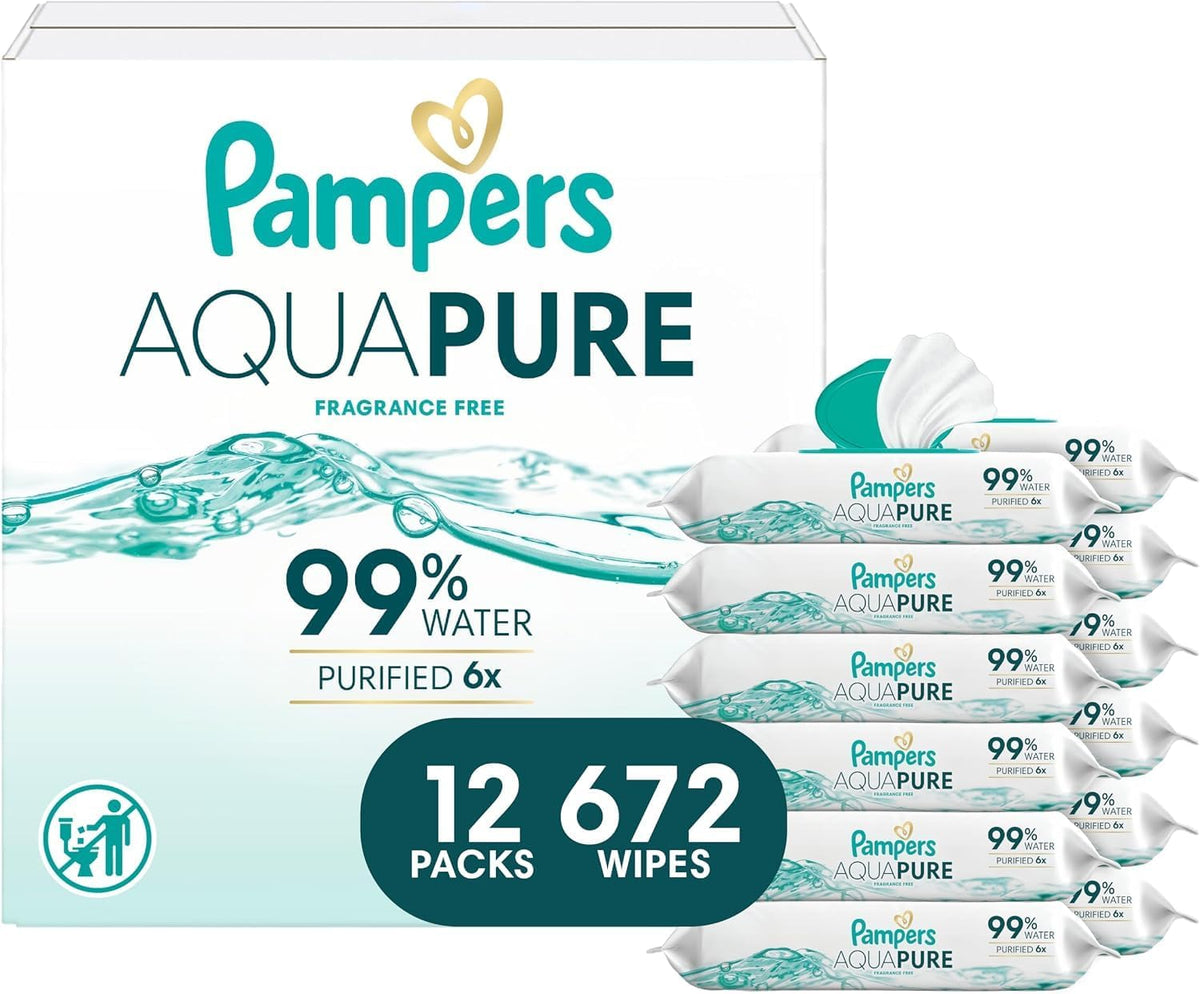 Pampers Aqua Pure Baby Wipes, Unscented, Fragrance Free, 99% Water, Water Based, Multi-Use, 672 Wipes Total (12X Flip-Top Packs) Jansha Store