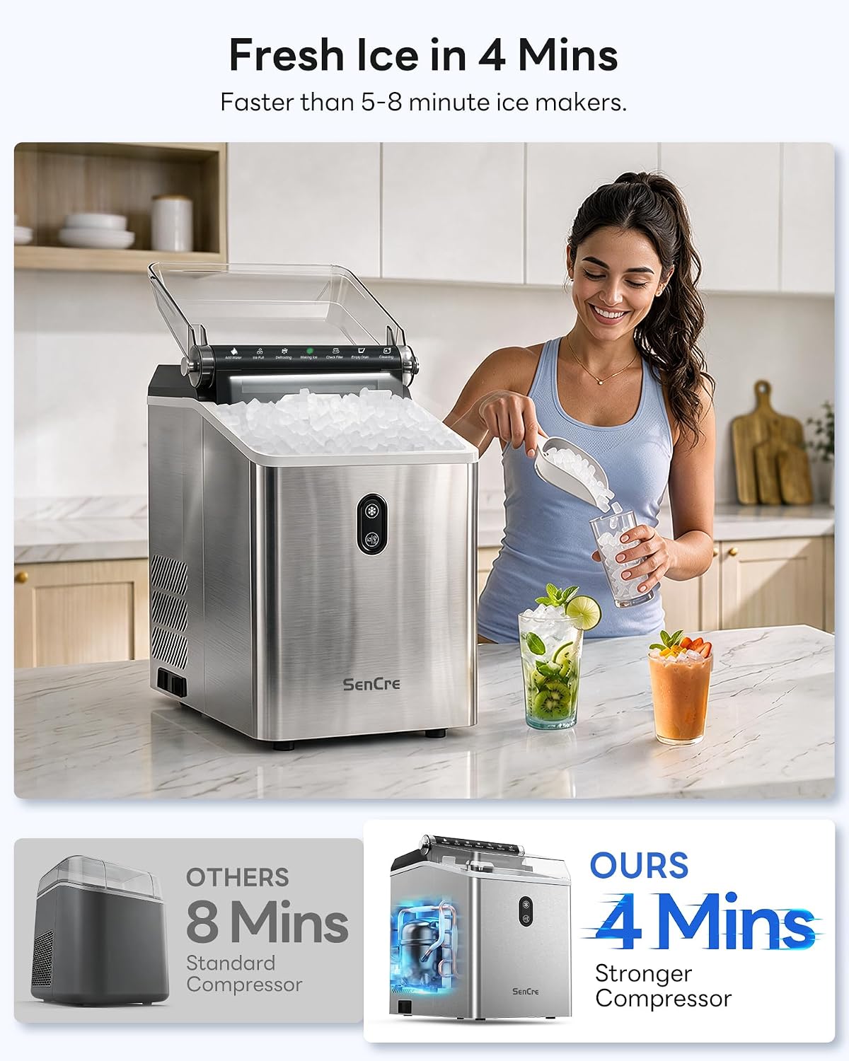 Nugget Ice Maker Countertop,55LBS/Day Ready in 4 Mins, Stainless Steel Jansha Store