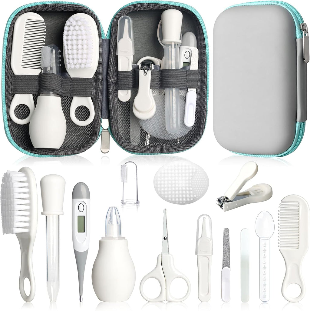 Baby Grooming Kit, Infant Safety Care Set with Hair Brush Comb Nail Clipper Nasal Aspirator,Baby Essentials Kit for Newborn Girls Boys (Grey White) Jansha Store