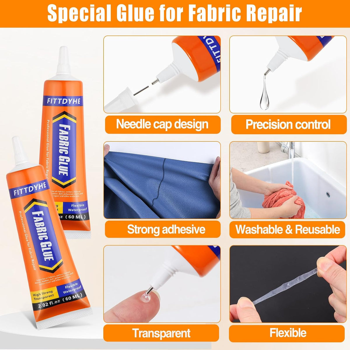 FITTDYHE Fabric Glue Permanent, 60 ML Washable Clear Clothing Glue, Super Fabric Glue for Rhinestones, Patches, Clothes, Denim, Leather, Polyester, Fabrics, Doll Repair, Flannel, Cotton Jansha Store