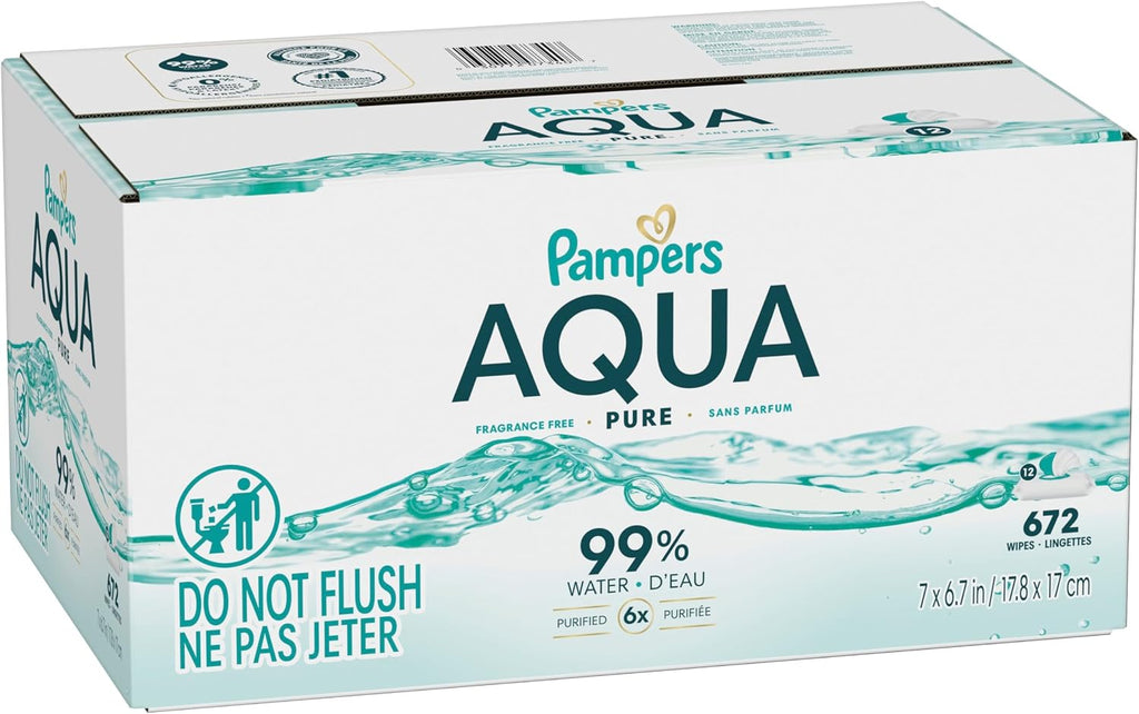 Pampers Aqua Pure Baby Wipes, Unscented, Fragrance Free, 99% Water, Water Based, Multi-Use, 672 Wipes Total (12X Flip-Top Packs) Jansha Store