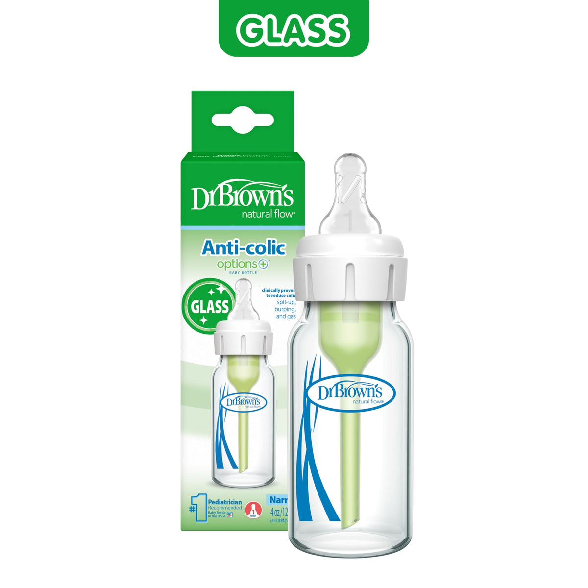 Dr. Brown's Anti-Colic Options+ Narrow Glass Baby Bottle, 8 oz/250 mL, with Level 1 Slow Flow Nipple, BPA-Free, 0m+, 1 Pack Jansha Store