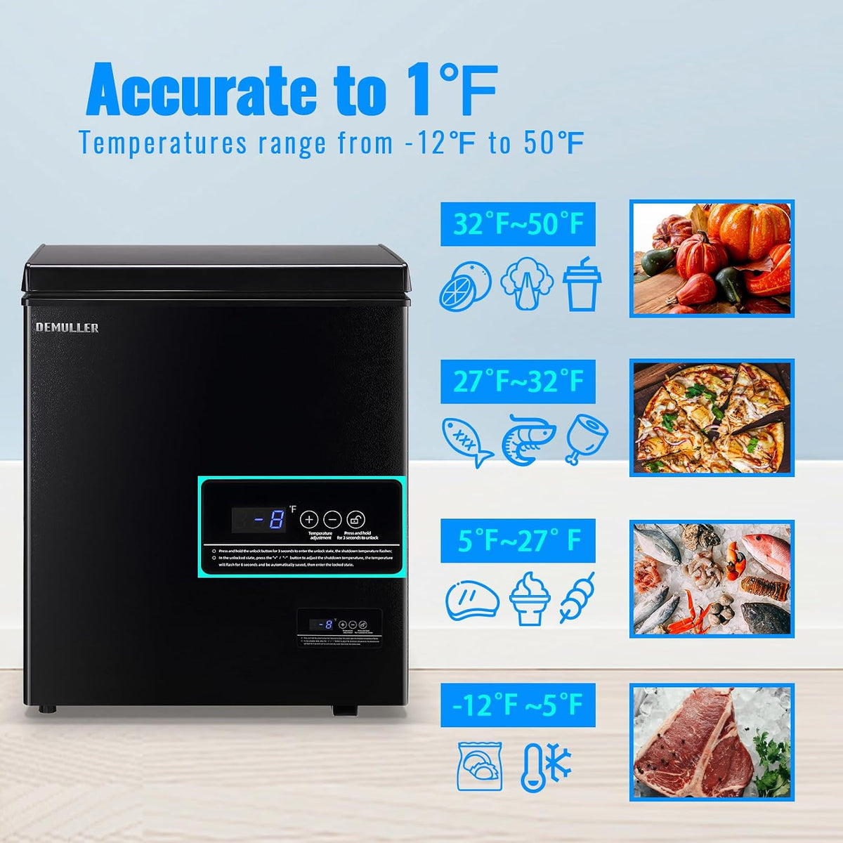 DEMULLER Chest Freezer 4.0 CU. FT Ultra-low Temperature Deep Freezers (Down to -12 ℉) with TWO Removable Baskets Accurate Display of Cabinet Temp Freestanding Black Jansha Store