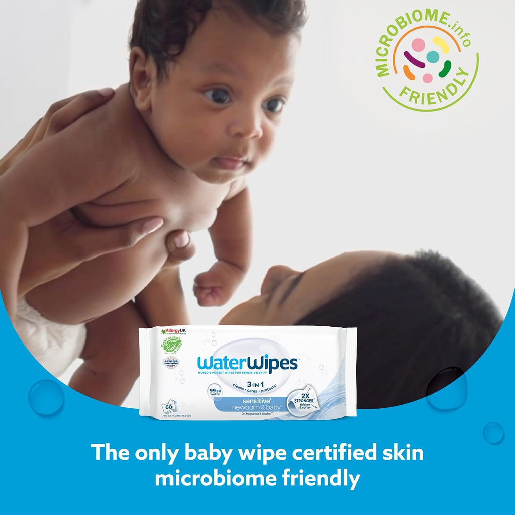 WaterWipes Sensitive+ Newborn & Baby Wipes, 3-In-1 Cleans, Cares, Protects, 99.9% Water, Unscented & Hypoallergenic, 720 Count (12 Packs) Jansha Store