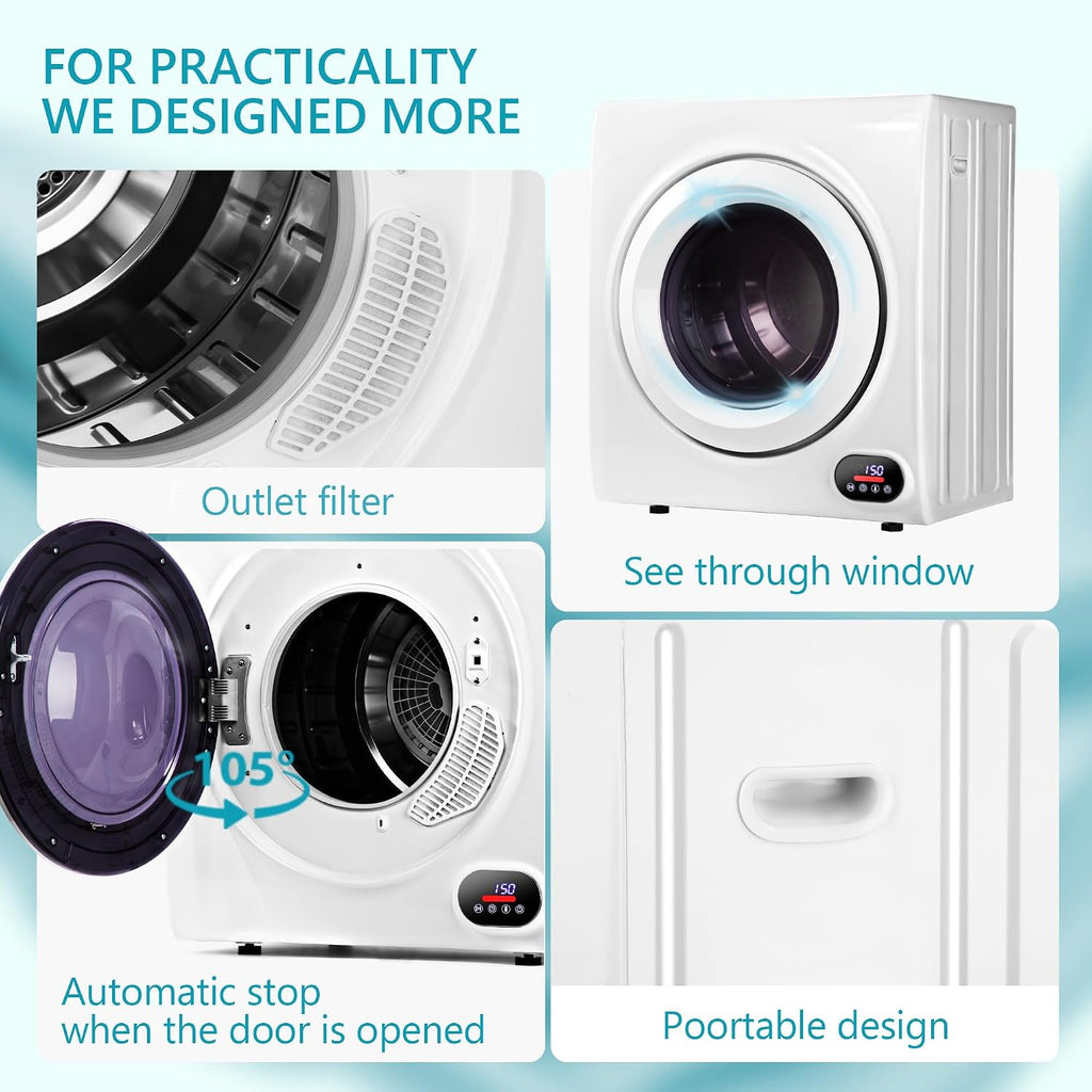 Euhomy Compact Laundry Dryer, 3.5 cu ft Front Load Stainless Steel Clothes Dryers With Exhaust Pipe, 1500W, LCD Control Panel Four-Function Portable Dryer For Apartments, Home, Dorm, White Jansha Store