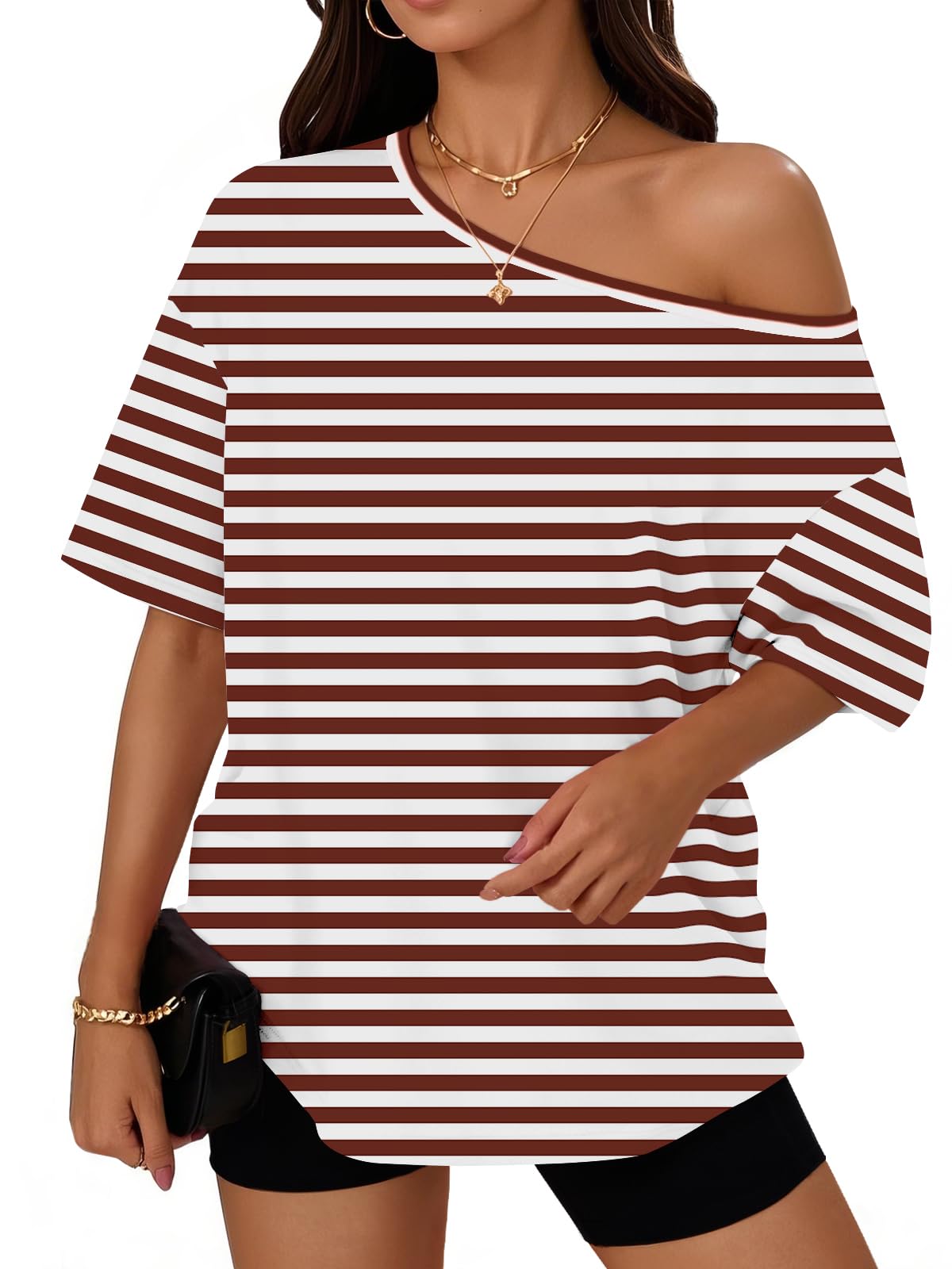 Trendy Queen Womens Off the Shoulder Tops Oversized Summer T-Shirts 2026 Jansha Store