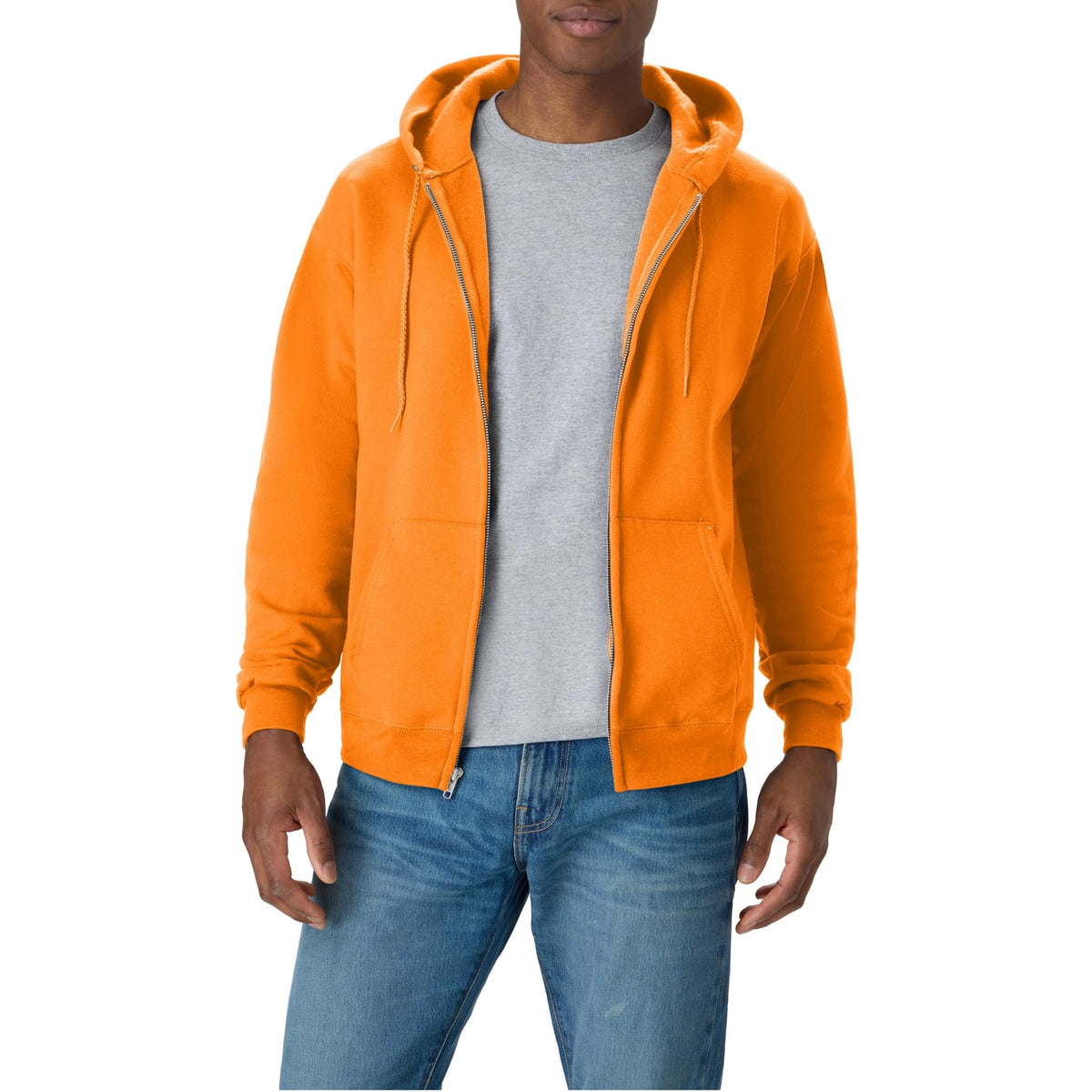 Men's zip-up hoodie shown open over a t-shirt to show the layering fit