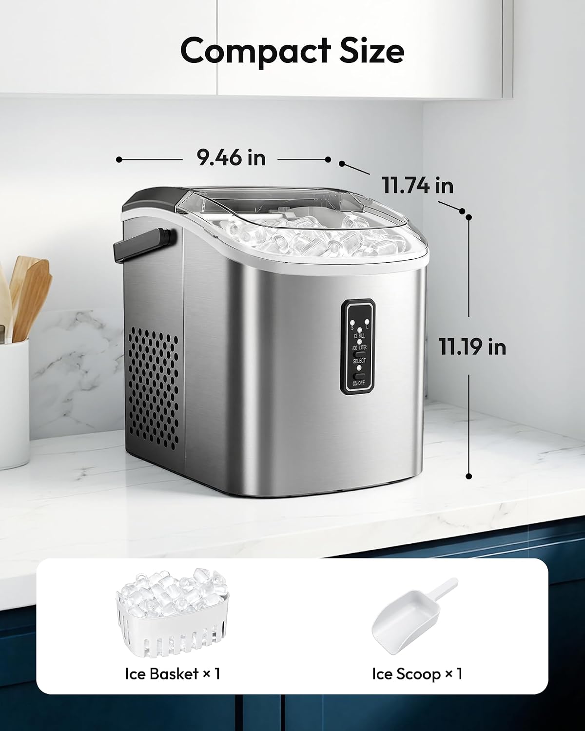 EUHOMY Ice Maker Countertop, 9 Cubes Ready in 6 Mins, 26lbs/24H, Self-Cleaning, Portable Ice Maker Machine with Carry Handle, Basket and Scoop, 2 Sizes of Bullet Ice for Home, Kitchen, Office Jansha Store