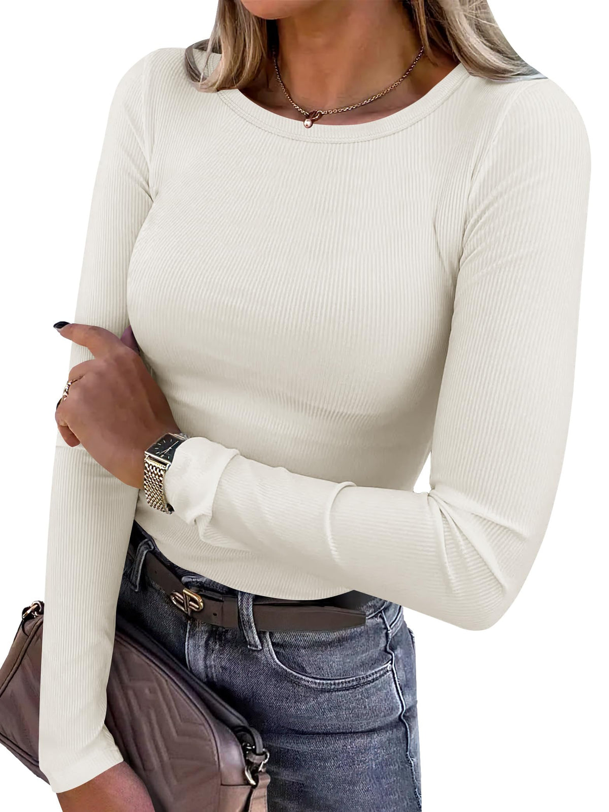 ANRABESS Women Long Sleeve Shirts Ribbed Fitted Tops Jansha Store