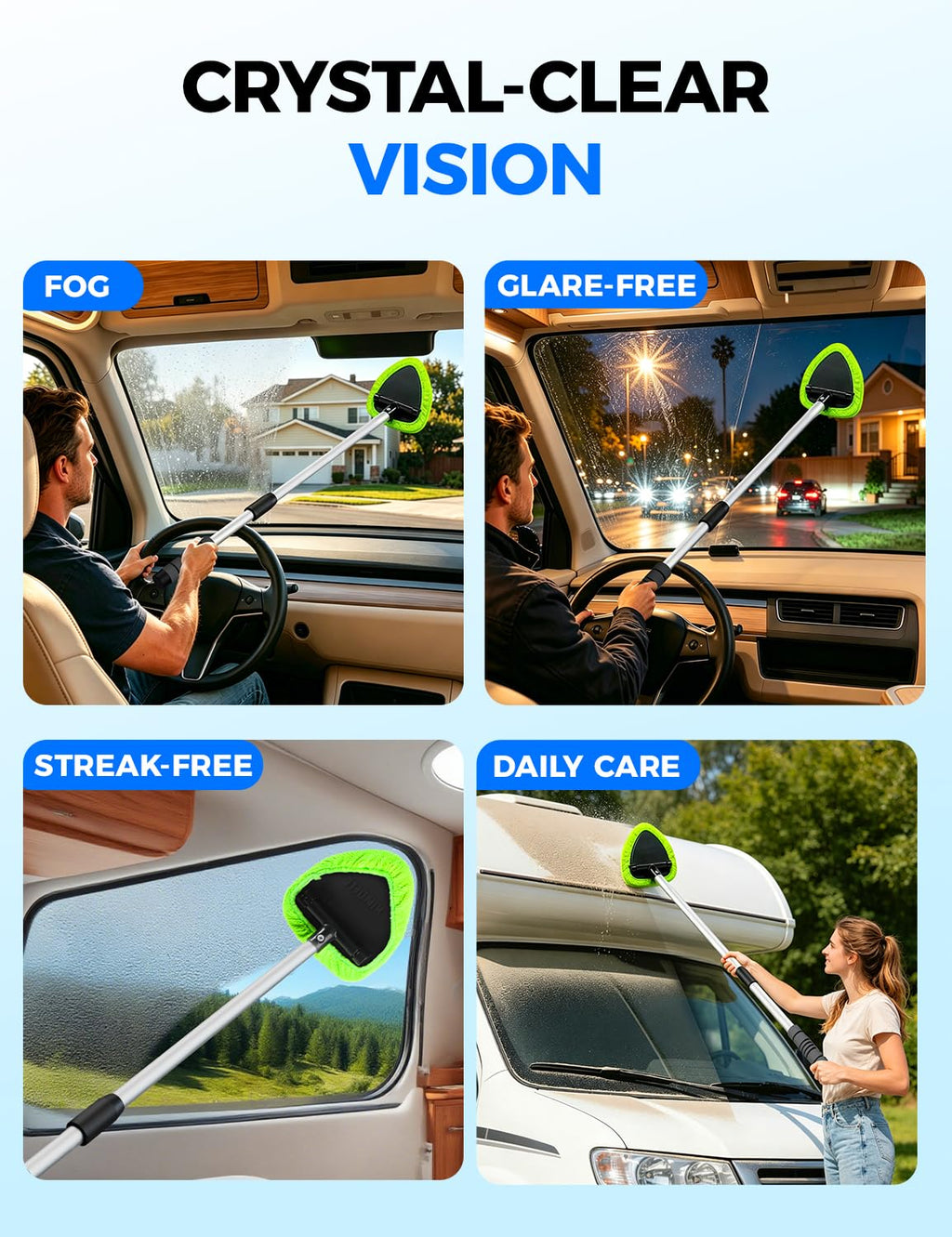 XINDELL Interior Windshield Cleaner Tool – Car Interior Window Cleaning Kit with Extendable Handle & 4 Microfiber Pads, Auto Wiper Inside Compact Windshield Brush for Car & Home Windows Jansha Store