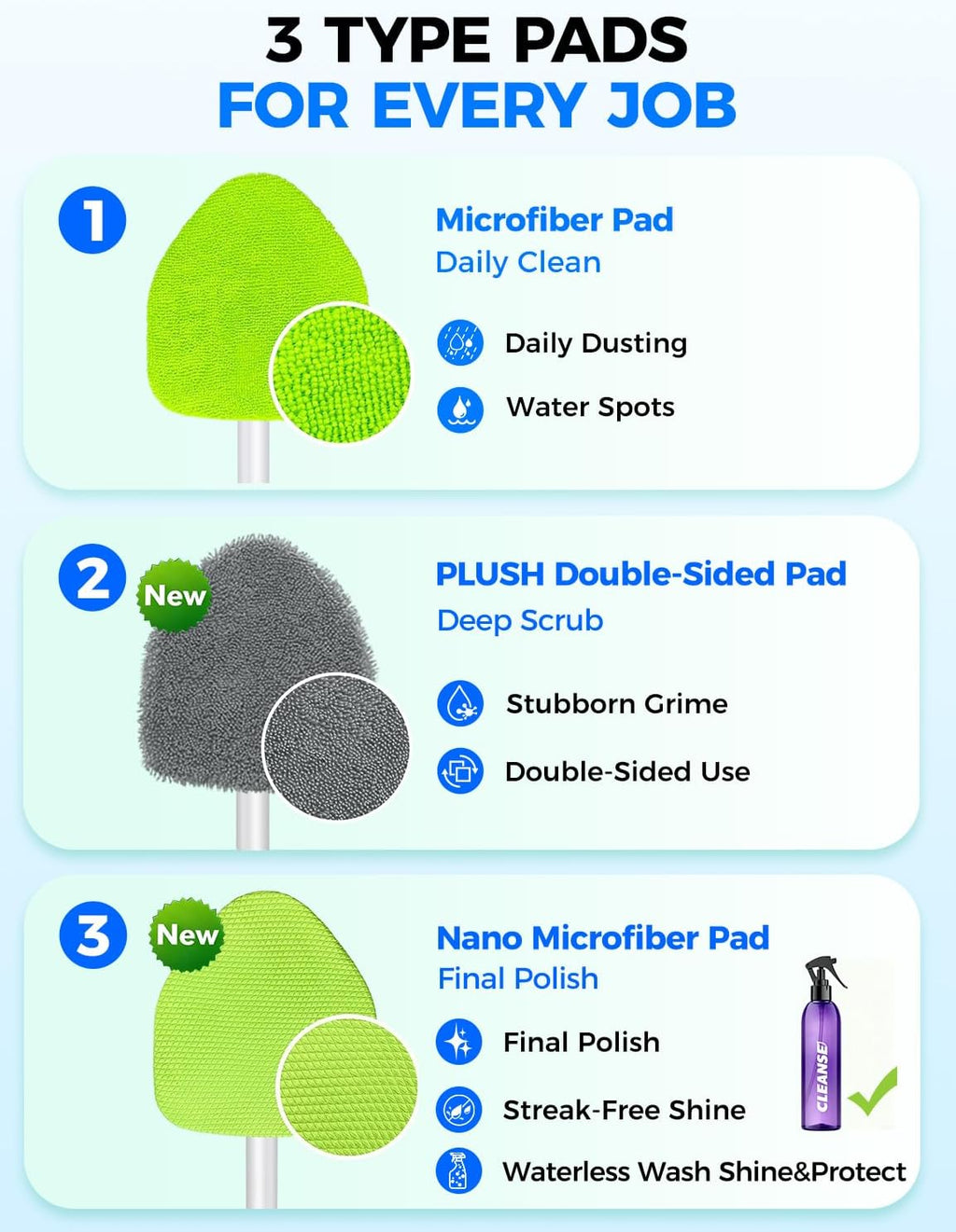 XINDELL Interior Windshield Cleaner Tool – Car Interior Window Cleaning Kit with Extendable Handle & 4 Microfiber Pads, Auto Wiper Inside Compact Windshield Brush for Car & Home Windows Jansha Store