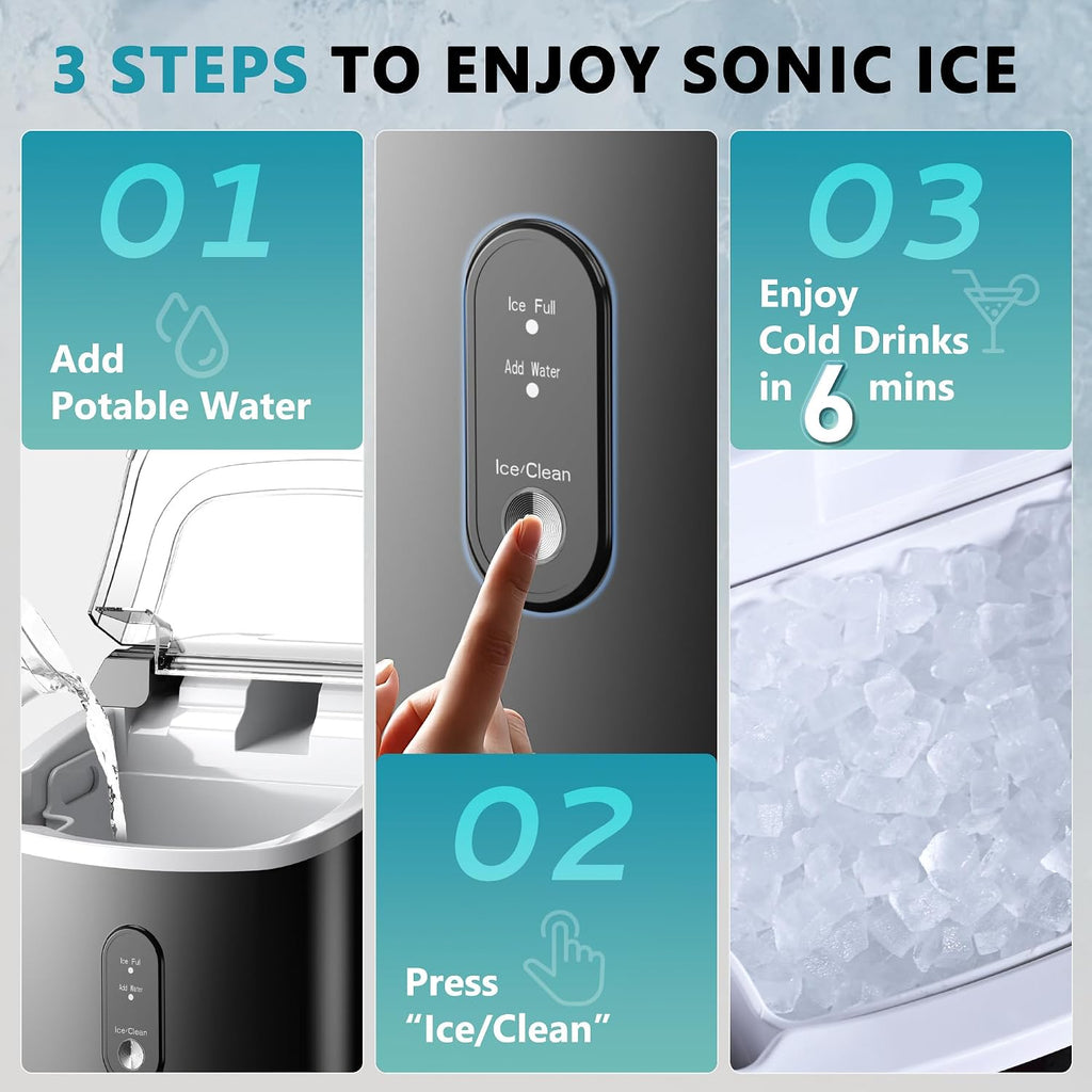 EUHOMY Nugget Ice Maker Countertop with Handle, Ready in 6 Mins, 34lbs Per Day, Removable Top Cover, Auto-Cleaning, Portable Sonic Ice Maker with Basket and Scoop, for Home/Party/RV/Camping (Black) Jansha Store