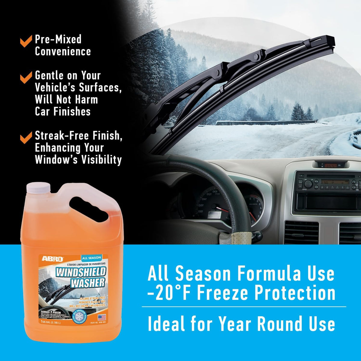 ABRO Windshield Washer Fluid 1 Gallon, Streak-Free Bug Remover, 1 Pack Jansha Store