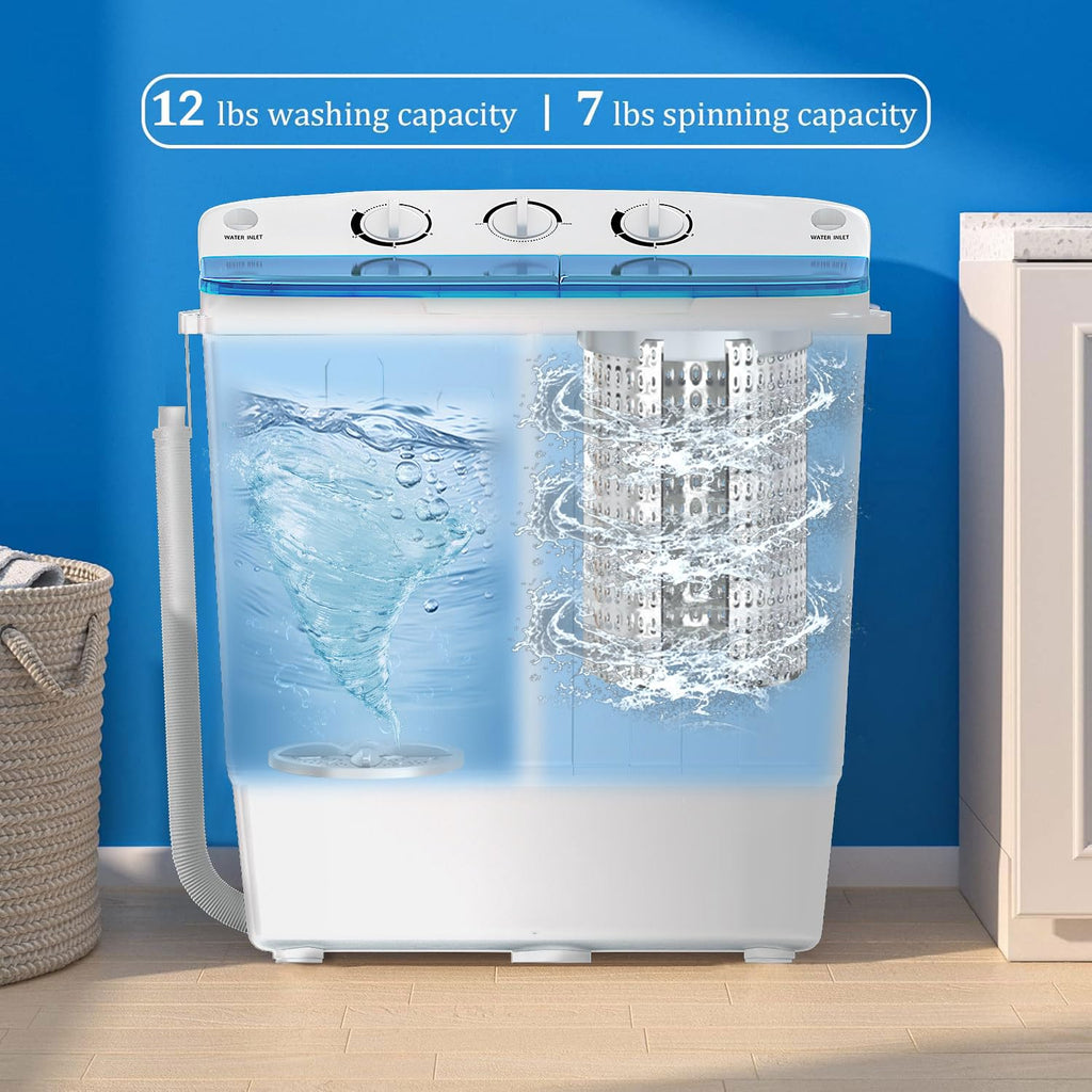 Erivess Portable Twin Tub 19lbs Washing Machine with Drying Rack and 10 Hangers, 12lbs Washer Mini Compact Laundry Machine with 7lbs Spinner, 1500rpm Semi-automatic Washer Combo for Dorm&Apartment Jansha Store
