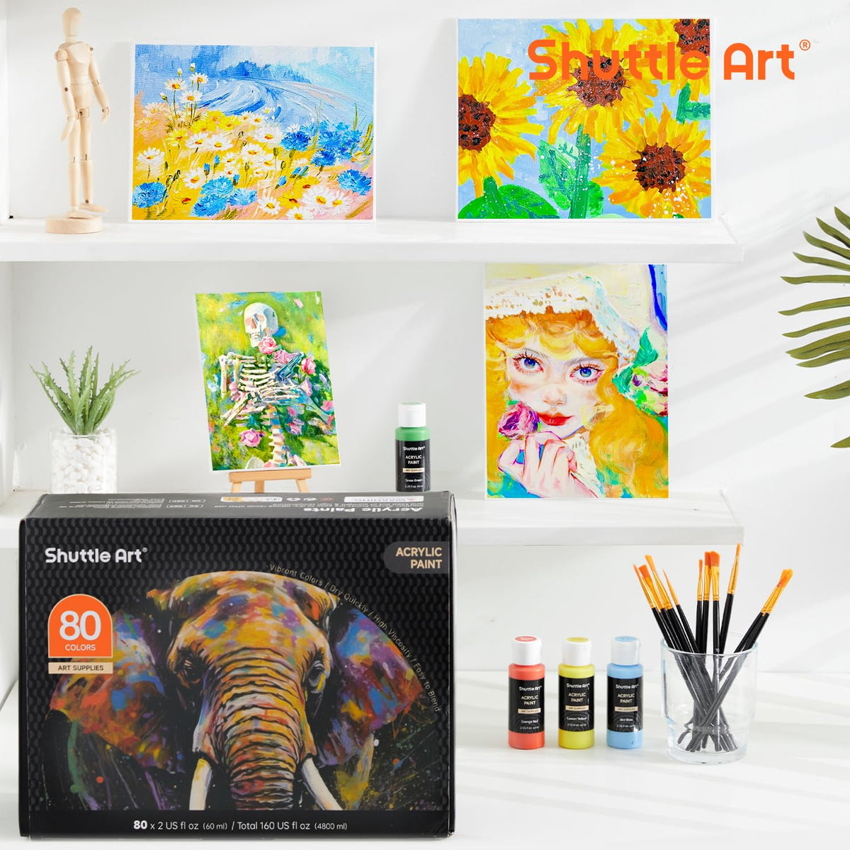Shuttle Art Acrylic Paint, 36 Colors Acrylic Paint Set with Brushes & Palette, 2oz/60ml Bottles, Rich Pigments Non-toxic for Artists Kids & Adults, Painting on Canvas Rocks Ceramic Wood Jansha Store