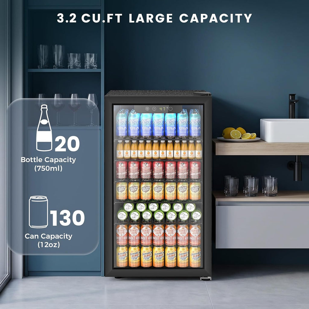 Electactic Mini Fridge 130 Can Beverage Refrigerator Cooler, 3.2 Cu.Ft Drink Fridge for Soda Wine Beer, Adjustable Temperature Control for Home Office, Black Jansha Store