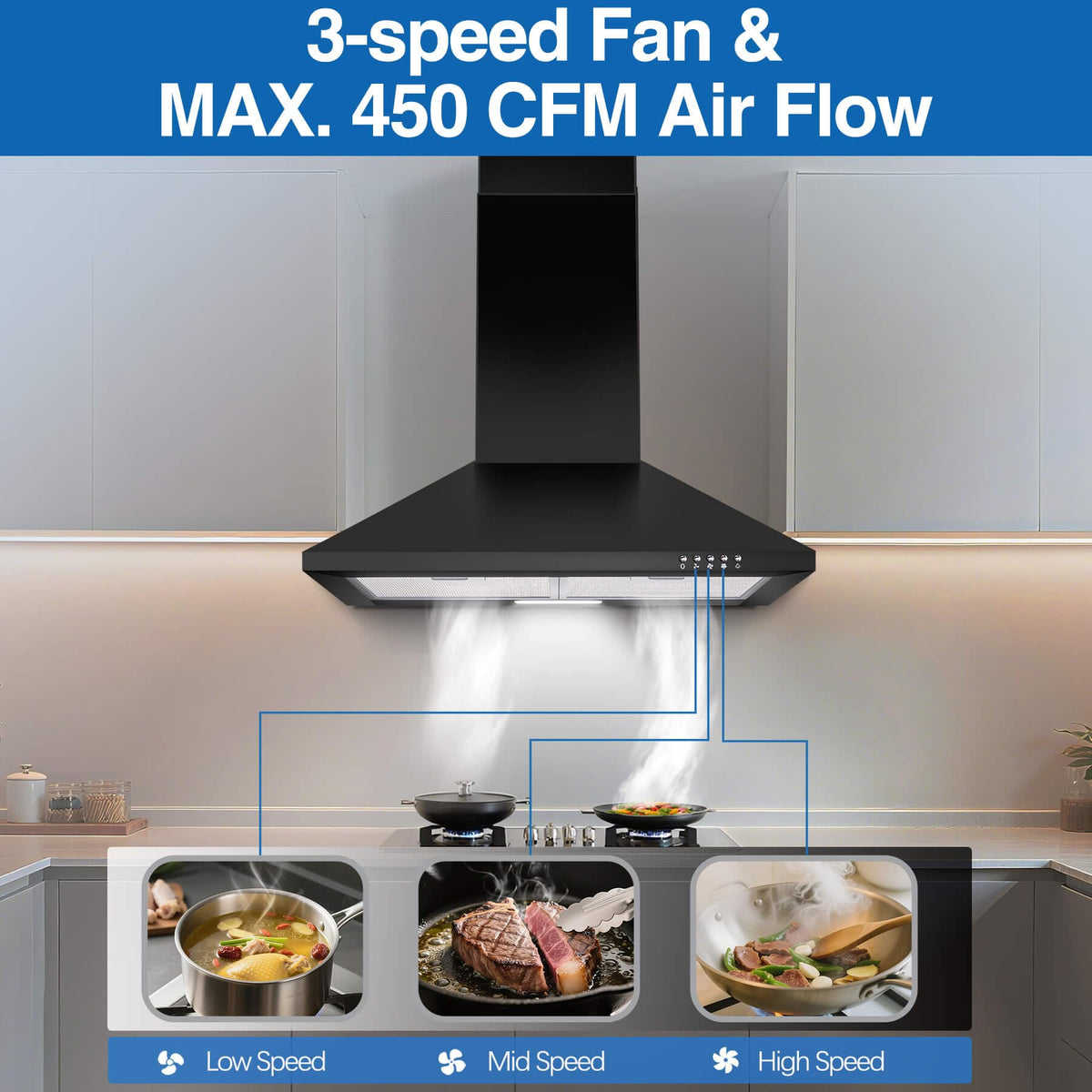 SNDOAS Black Range Hood,Wall Mount Range Hood 30 inch,Stainless Steel Kitchen Hood with Ducted/Ductless Convertible,Stove Vent Hood,Aluminum Filters,3 Speed Exhaust Fan,LED Light,Button Control Jansha Store